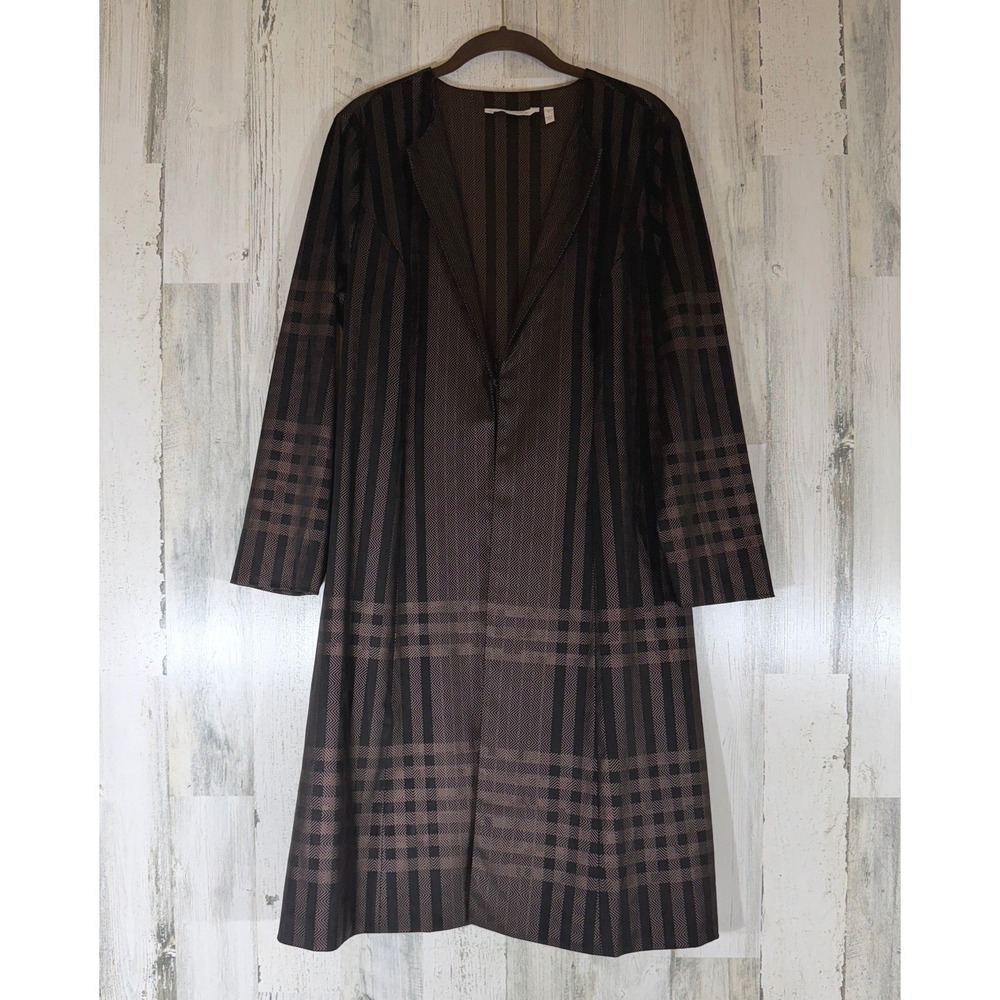 Soft Surroundings Duster Jacket Large Brown Black Geometric Plaid Smocked Back